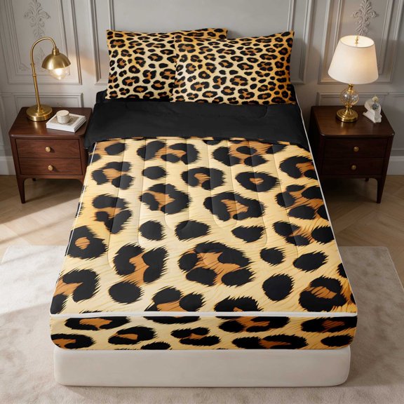 Manfei Big Rosette Leopard Zipper Twin Comforter Sets with Fitted Sheet and 2 Pillowcases, Spotted Jungle Cat Zipper Bedding Set, Black Reversible