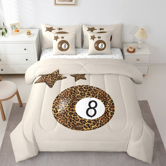 Manfei Billiard Lover 7-Piece Twin Bedding Sets,Boys Ball Geme Bedding Comforter Set,Leopard Print Sheet Sets For Kids,Ultra Soft Home Decor Reversible