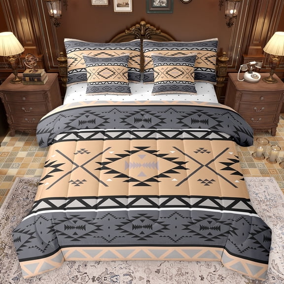 Manfei Bisque Grey Aztec Bedding Comforter Set 7pcs for Women, Boho Mandala Square King Bedding Sets, Tribal Hippie Style Reversible Bed Sheets, Super Cozy Room Decor
