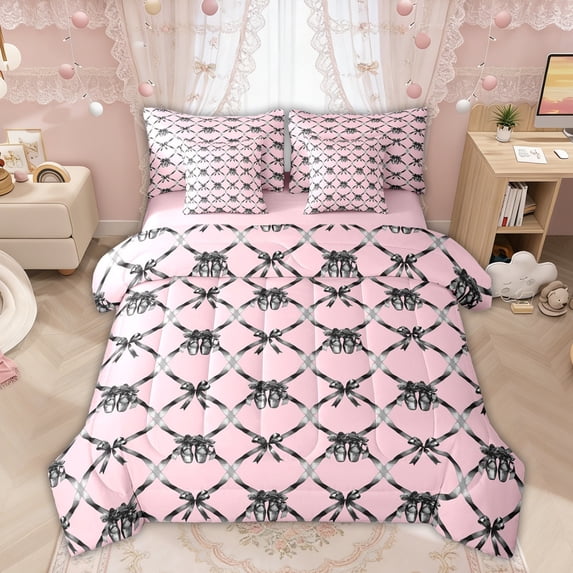 Manfei Black Ballet Shoes Bow Print Bedding Comforter Set for Girls, Elegant Ribbon Bows Full Bedding Set, Pink Reversible, 7-Piece