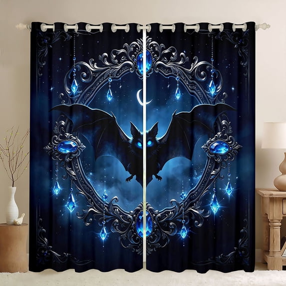 Manfei Black Bats Kitchen Curtains,Spooky Halloween Theme Black Out Curtains Pack of 2 (42x63 Each),Blue