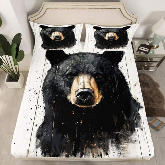 Manfei Black Bear 4-Piece Full Size Sheets,Lodge Cabin Bed Sheets,Jungle Animal Lightweight Sheet Sets,Wildlife Bedroom Decoration