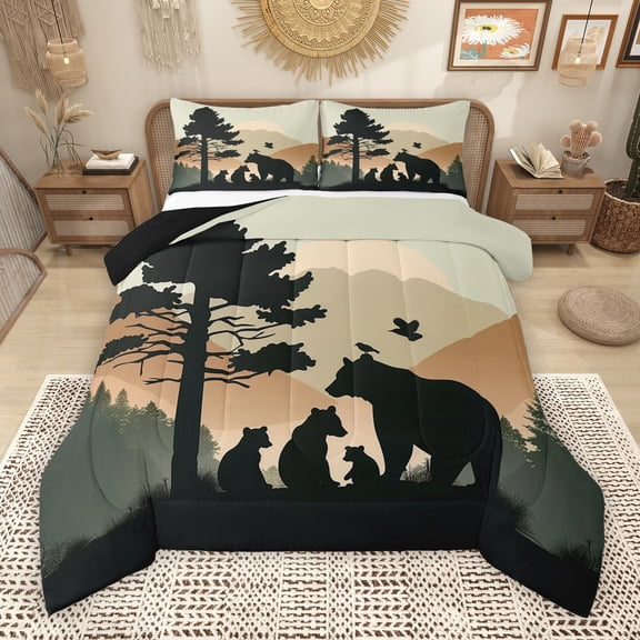 Manfei Black Bear Family Bedding Comforter Set, Western Animal Wildlife Twin Comforter Sets, Rustic Lodge Cabin Reversible Bedding Set, Microfiber Bedroom Decor, 2-Piece