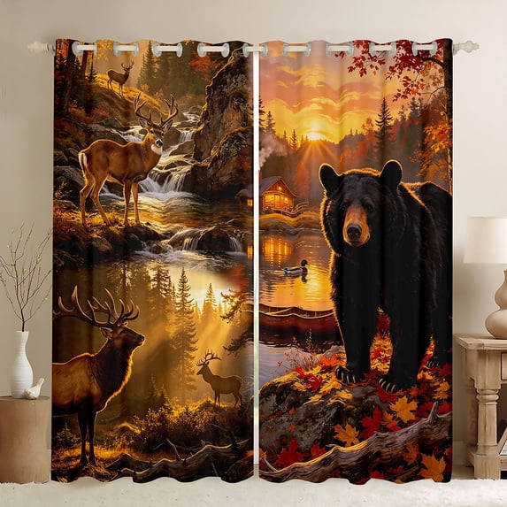 Manfei Black Bear Kitchen Curtains,Autumn Deer Pattern Black Out Curtains Pack of 2 (42x63 Each)