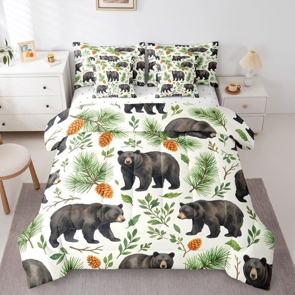 Manfei Black Bear Pattern 7-Piece Twin Bedding,Green Leaves Bedding Comforter Set,Reversible