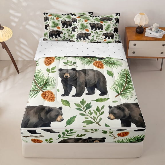 Manfei Black Bear Pattern Zipper Twin Comforter Sets with Fitted Sheet and 2 Pillowcases,Green Leaves Zipper Bedding Set,Reversible,4pcs