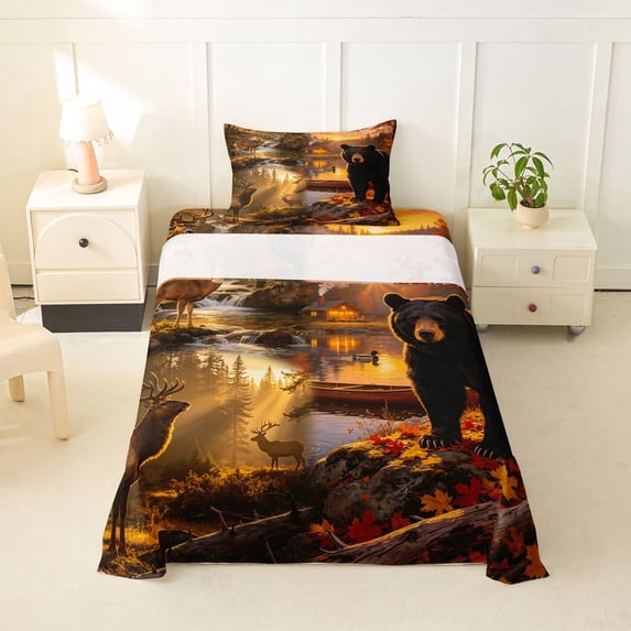 Manfei Black Bear Twin Sheets,Autumn Deer Pattern Bedding,3 Pieces,1 Fitted Sheet and 1 Pillowcase