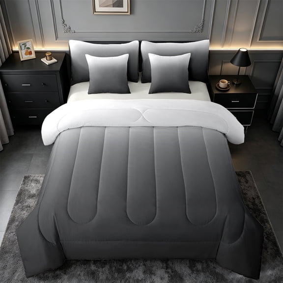 Manfei Black Bedding Twin Size,Gray Ombre Comforter Sets with Sheets,Modern Aesthetic Art Bedding Sets Twin Size,Breathable Room Decoration Reversible,7pcs