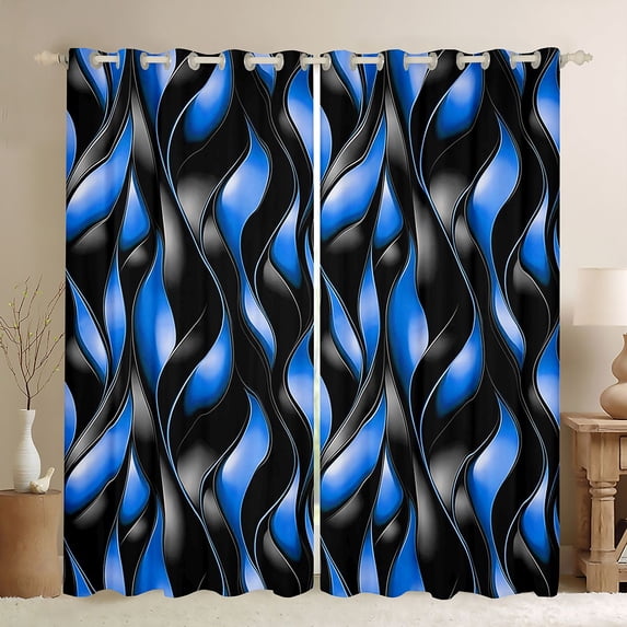 Manfei Black Blue Blackout Curtains Set of 2 (52x84 Each), Gradient Wave Striped Curtain