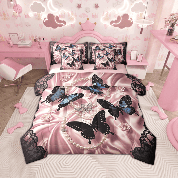 Manfei Black Blue Butterfly 7pcs Bedding Full Size, Girls Brocade Pearl Comforter Sets with Sheets, Princess Bed Set, Breathable Bedroom Decoration
