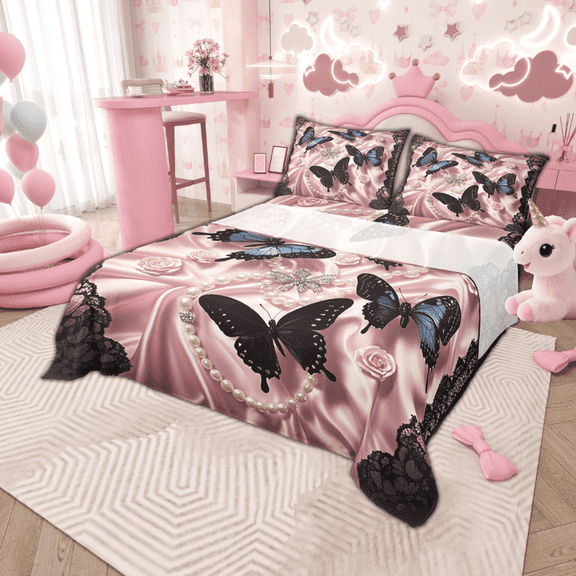 Manfei Black Blue Butterfly Bed Sheets Set Full Size, Girls Brocade Pearl Bedding Sets Full Size, Princess Top Sheet, Breathable Bedroom Decoration, 4-Piece
