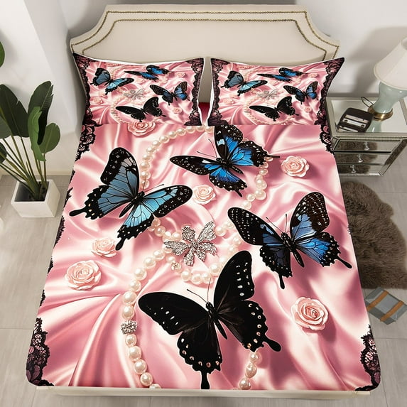 Manfei Black Blue Butterfly Fitted Sheet Twin, Girls Brocade Pearl Bedding Set Twin Size, Princess Bed Set, Breathable Bedroom Decoration, 2pcs