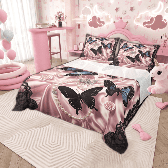 Manfei Black Blue Butterfly Sheet Set Queen, Girls Brocade Pearl Bedding Sets Queen Size, Princess Flat Sheet, Breathable Bedroom Decoration, 4pcs