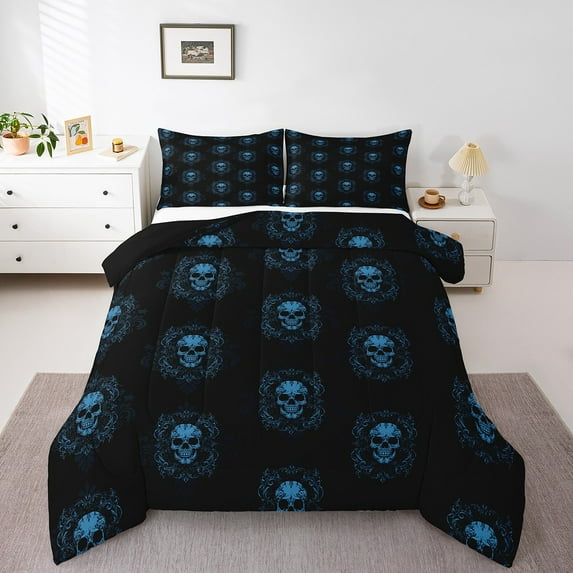 Manfei Black Blue Damask Comforter Set Twin Size for Boys Girls,Halloween Skull Skeleton Bones Twin Comforter Sets Microfiber for Kids Teens Adult,Gothic Spooky Bohemian Breathable Bedding Set