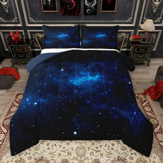 Manfei Black Blue Galaxy Bedding Comforter Set, Mystic Starry Sky Twin Comforter Sets, Glitter Dreamy Stars Print Reversible Bedding Set, Lightweight Room Decor, 2-Piece