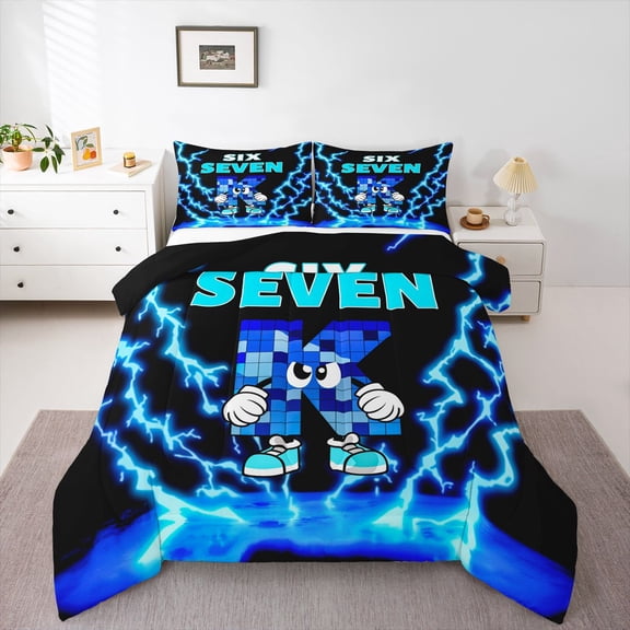 Manfei Black Blue Pixel Letter K Queen Comforter Set,Flash Print Comforter Sets Queen,Black Reversible,3 Pieces,1 Comforter and 2 Pillowcases