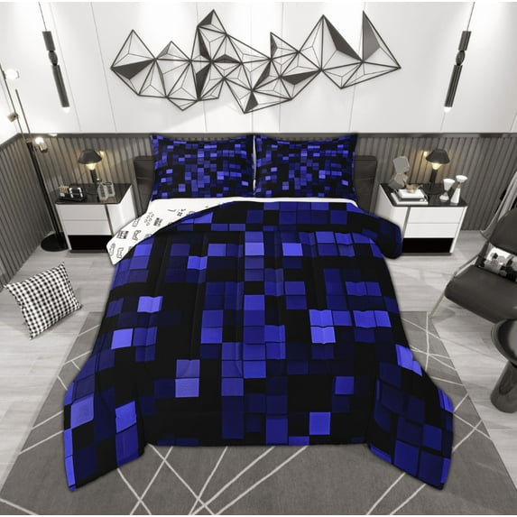 Manfei Black Blue Square Full Size Comforter Sets for Boys, Rectangle Geometric Bedding Comforter Set, Futuristic Abstract Reversible Bedding Sets, Lightweight Room Decor, 3 Pieces