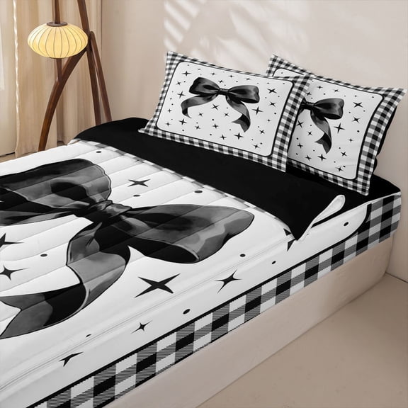 Manfei Black Bow Checkered Print Zipper Twin Comforter Sets with Fitted Sheet and 2 Pillowcases for Women, Cute Stars Print Zipper Bedding Set, Black Reversible, 4 Pieces