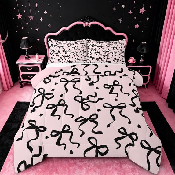 Manfei Black Bow Heart Full Size Comforter Sets For Girl,Coquette Ribbon Bowknot Bedding Sets For Kids,Colorful Stars Reversible,3pcs