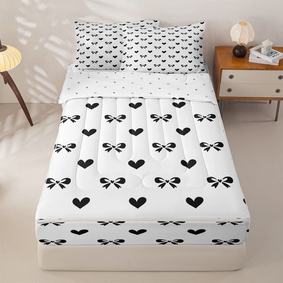 Manfei Black Bow Heart Zipper Full Size Comforter Sets with Fitted Sheet and 2 Pillowcases For Girls,Minimalist Style Print Zipper Bedding Set For Kids,Reversible,4 Pieces