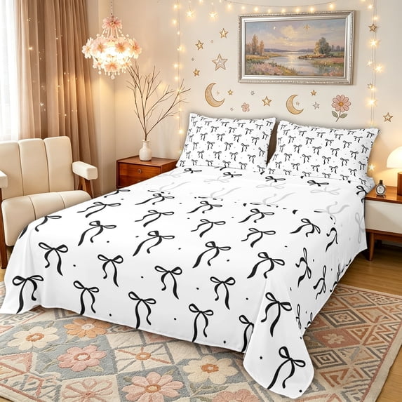 Manfei Black Bow Queen Sheet Sets for Girls, Dreamy Princess Style Bed Set, 4-Piece