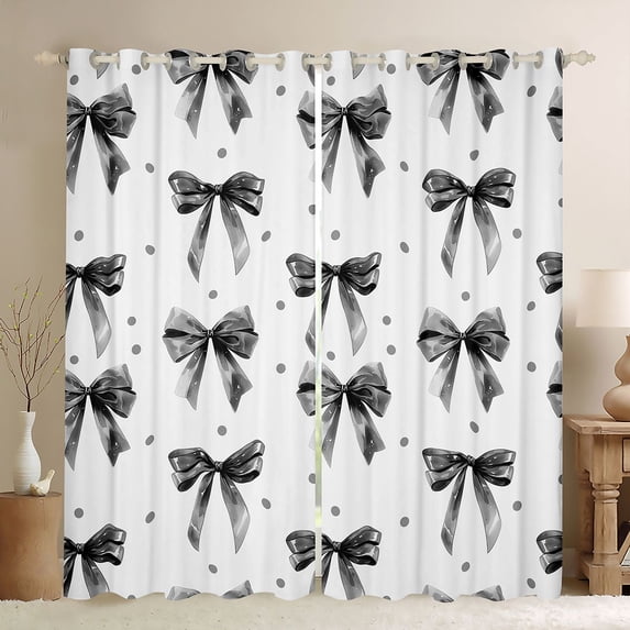 Manfei Black Bowknot Polka Dot Blackout Curtains Set of 2 (52x84 Each) For Girls,Girly Bow Pattern Window Curtains
