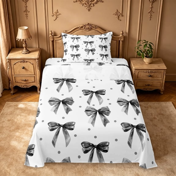 Manfei Black Bowknot Polka Dot Twin Sheet Sets For Girls,Girly Bow Pattern Bedding,3-Piece