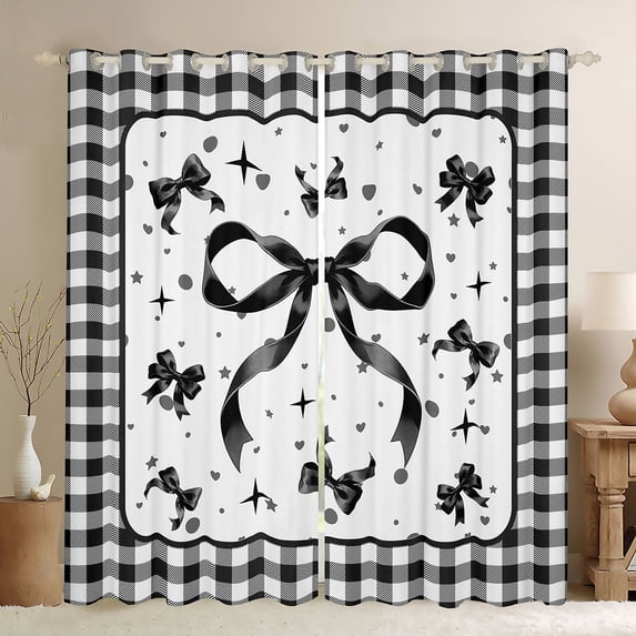Manfei Black Bows Checkered Print Curtains Pack of 2 (42x84 Each) for Women, Elegant Ribbon Bows Curtains Blackout