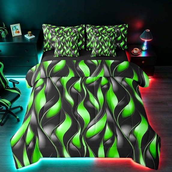Manfei Black Bright Green Full Size Bedding Sets, Gradient Wave Striped Full Size Bed in a Bag, Black Reversible 7-Piece