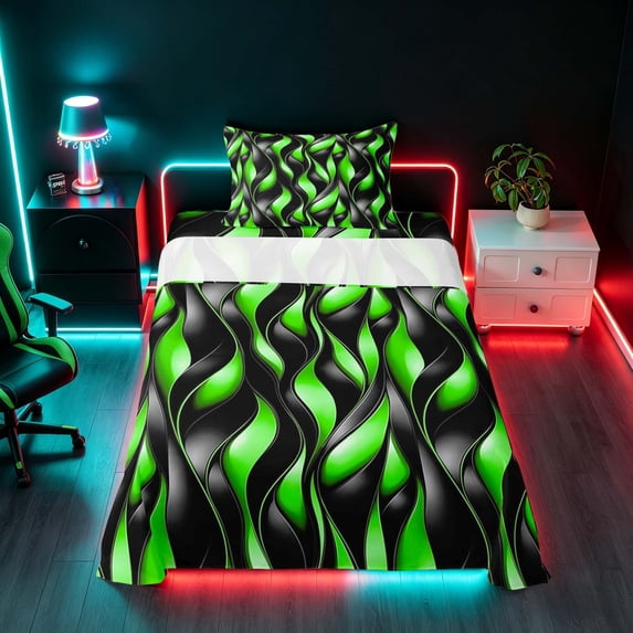 Manfei Black Bright Green Twin Sheets, Gradient Wave Striped Bedding, Black Reversible 3 Pieces1 Flat Sheet + 1 Fitted Sheet + 1 Pillowcase