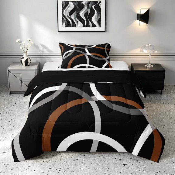 Manfei Black Brown Circle Twin Comforter Sets,Aesthetic Minimalist Bedding Set, Black Reversible 2pcs, 1 Comforter and 1 Pillowcase
