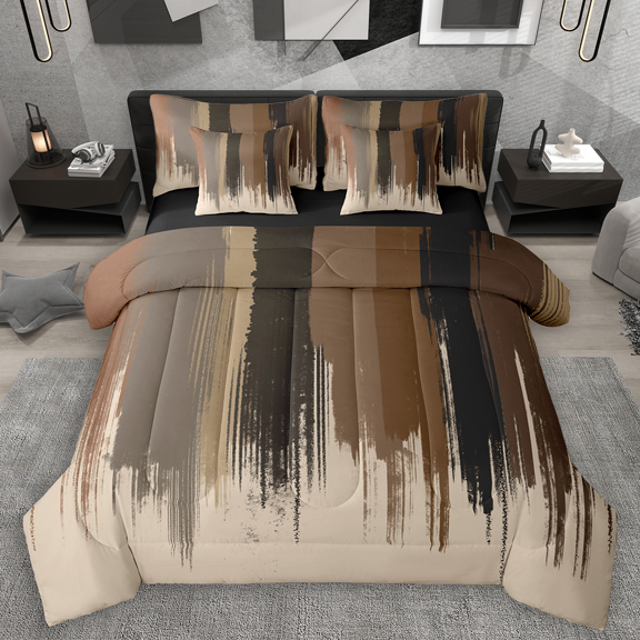 Manfei Black Brown Ombre Bedding Comforter Set 7-Piece, Watercolor Artwork Full Bedding Set, Vintage Oil Painting Fitted Sheet Flat Sheet, Super Cozy Room Decor