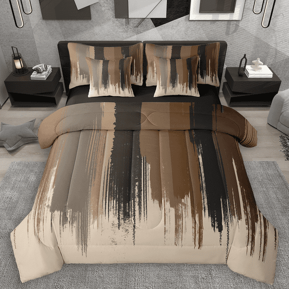 Manfei Black Brown Ombre Bedding Comforter Set 7pcs, Watercolor Artwork King Bedding Sets, Vintage Oil Painting Bed Sheets, Super Cozy Room Decor