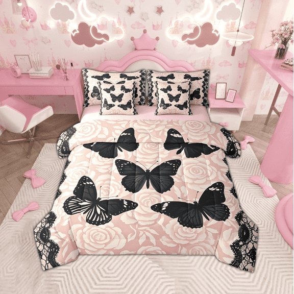 Manfei Black Butterfly 7pcs Bedding King Size for Girls Women, Vintage Rose Floral Comforter Sets with Sheets, Baroque Mandala Bed Set, Breathable Bedroom Decor