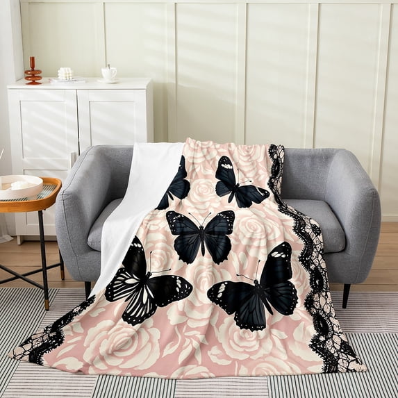 Manfei Black Butterfly Sherpa Blanket 50x60 for Girls Women, Vintage Rose Floral Fuzzy Blanket Throw, Baroque Mandala Fleece Blanket, Breathable Bedroom Decor