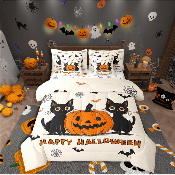 Manfei Black Cat Bed in a Bag Full size,Happy Halloween Bed Set,Botanical Pumpkin Bedding Full Size,Breathable Animal Bedroom Decorative,Reversible,7 Pieces