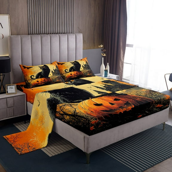 Manfei Black Cat Bed Sheets King,Spooky Animal King Sheet Sets,Pumpkin Castle Bedding Sets King Size,Microfiber Halloween Bedroom Decorative,4pcs