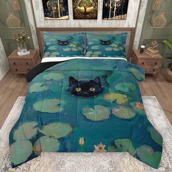 Manfei Black Cat Bedding Comforter Set 2pcs for Kids Children,Nature Floral Lotus Twin Comforter Sets Microfiber,Cartoon Animal Breathable Bedding Set,Super Cozy Room Decor,Reversible