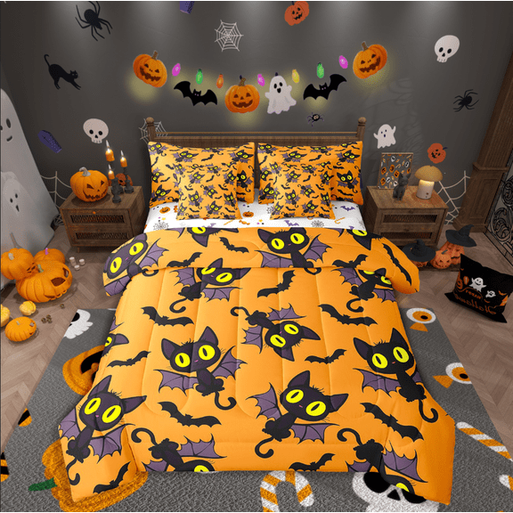 Manfei Black Cat Bedding Sets Twin Size,Spooky Animal Comforter Sets with Sheets,Happy Halloween Bed in a Bag Twin size,Breathable Cartoon Room Decorative,Reversible,7-Piece