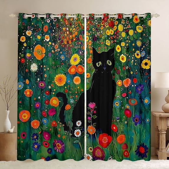 Manfei Black Cat Black Out Curtains for Kids Children,Colorful Flowers Curtains Pack of 2 (42x63 Each),Cartoon Animal Bedroom Curtains,Super Cozy Room Decor
