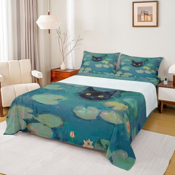 Manfei Black Cat Full Size Sheets 4-Piece for Kids Children,Nature Floral Lotus Breathable Bed Sheets,Cartoon Animal Lightweight Sheet Sets,Super Cozy Room Decor