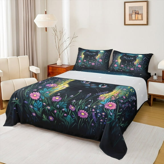 Manfei Black Cat Full Size Sheets,Colorful Flower Daisy Bed Sheets,Pet Aniaml Sheet Sets For Girls Boys,Breathable Room Decoration,4pcs