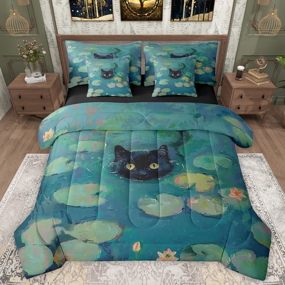 Manfei Black Cat Twin Bedding Sets 7-Piece for Kids Children,Nature Floral Lotus Bedding Comforter Set Microfiber,Cartoon Animal Breathable Sheet Sets,Super Cozy Room Decor,Reversible