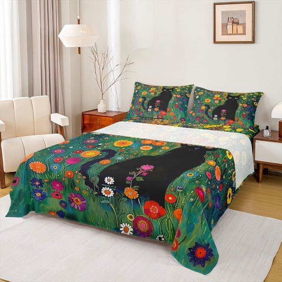 Manfei Black Cat Twin Sheet Sets 3pcs for Kids Children,Colorful Flowers Twin Fitted Sheet Microfiber,Cartoon Animal Breathable Flat Sheet,Super Cozy Room Decor