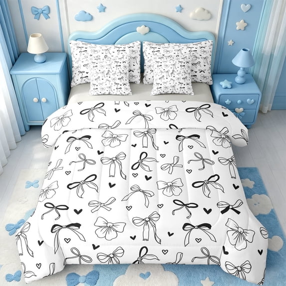 Manfei Black Coquette Bowknot 7-Piece Twin Bedding,Cute Bow Bedding Comforter Set,Light Gray Reversible