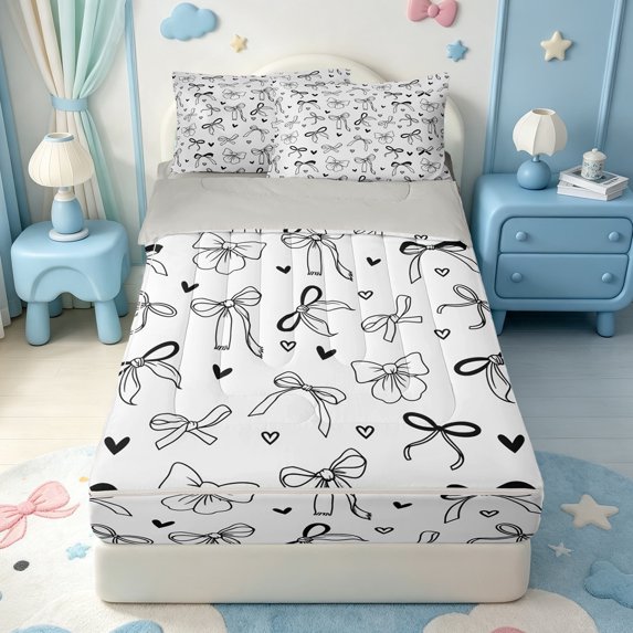 Manfei Black Coquette Bowknot Zipper Queen Comforter Set with Fitted Sheet and 2 Pillowcases,Cute Bow Zipper Bedding Set,Light Gray Reversible,4-Piece