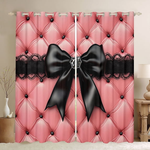 Manfei Black Crystal Bow Knot Black Out Curtains for Kids Teens,Girls Women Vintage Plaid Curtains Pack of 2 (42x63 Each),Breathable Home Decor