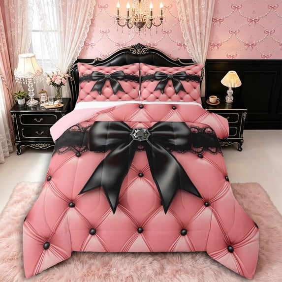 Manfei Black Crystal Bow Knot Full Size Comforter Sets 3 Pieces for Kids Teens,Girls Women Vintage Plaid Bedding Sets,Pink Reversible,Breathable Home Decor