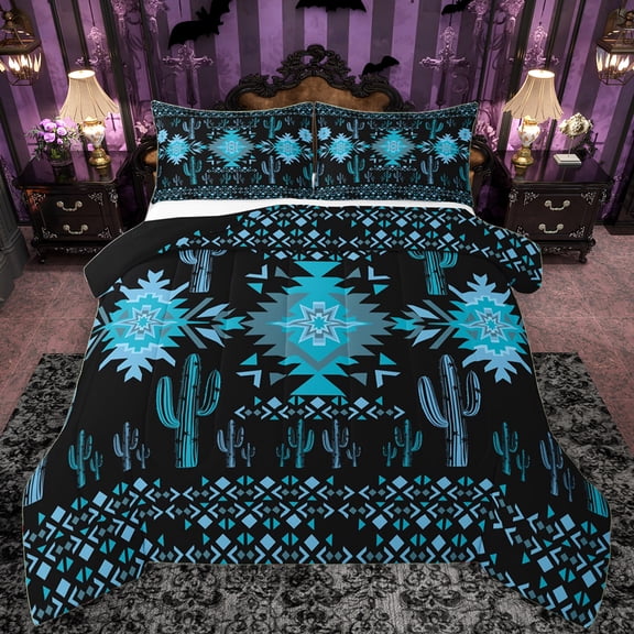 Manfei Black Cyan Aztec Bedding Comforter Set for Women, Boho Tribal Abstract Ombre Twin Comforter Sets, Hippie Cactus Plant Reversible Bedding Set, Lightweight Room Decor, 2-Piece
