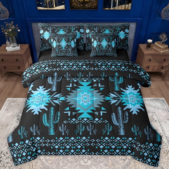 Manfei Black Cyan Aztec Twin Bedding Sets 7-Piece for Women, Boho Tribal Abstract Ombre Bedding Comforter Set, Hippie Cactus Plant Reversible Sheet Sets, Lightweight Room Decor